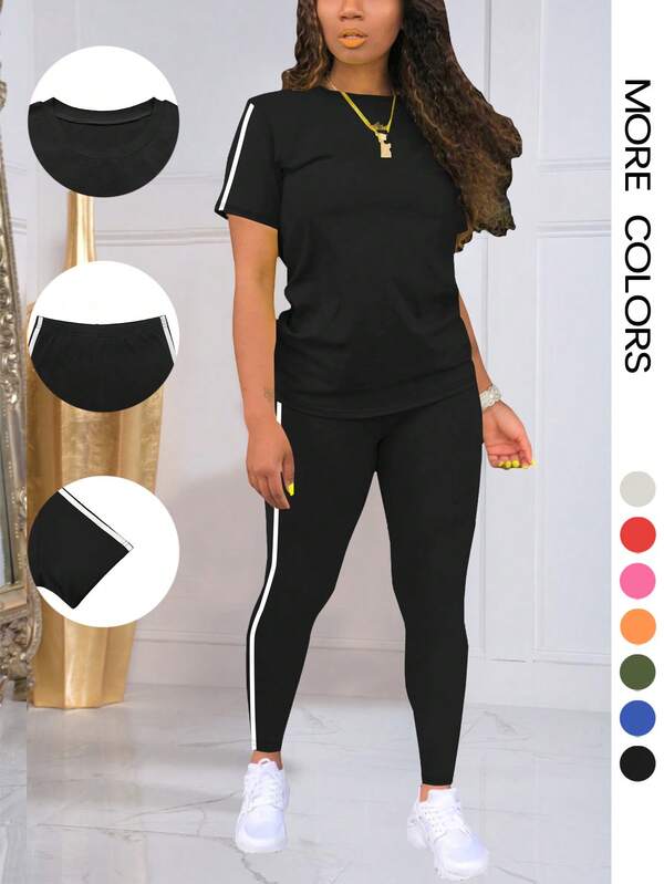 2 sztuki/zestaw Modny pasiasty, okrągły dekolt, krótki rękaw, zestaw odzieży sportowej, top i spodnie