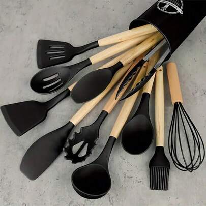 12 Piece /Set Of High-End Non Stick Silicone Kitchen Utensils With Ergonomic Wooden Handle - Heat-Resistant And Easy To Clean, Suitable For Cooking And Baking,  And Durable - Ideal Choice For School And Home Cooking Enthusiasts