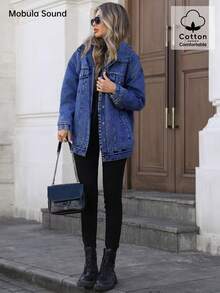 Chaqueta versátil de estilo deportivo casual de moda para mujer, con forro polar y resistente al viento, para primavera, otoño e invierno, en color azul, con estilo estudiantil universitario Y2K