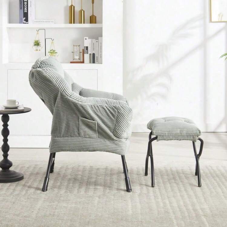 Lazy Chair With Ottoman, Modern Lounge Accent Chair With Armrests And A Side Pocket, Leisure Upholstered Sofa Chair Reading Chair With Footrest For Small Space, Corner Chair-Light Green - 預設 - 查看 4