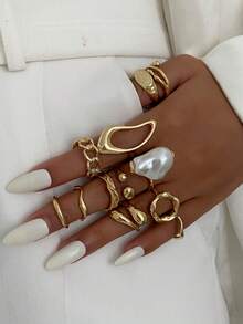 11pcs/Set Vintage Punk Baroque Faux Pearl Asymmetric Water Drop Hollow Ring Set, Fashionable Geometric Design Rings, Suitable For Women's Daily Outfit And Party Accessories