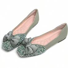 SAILING LU Square Toe Flats Shoes Rhinestoned Bowknots Ballet Flats For Women Studded Dress Shoes Comfort Light Weight LoafersChristmas - C-綠 - 查看 11