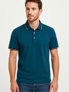 Camisa Polo de Manga Corta Hombre Básico Lisa Casual Uniforme Tops Azul Petróleo Moda - Azul verdoso 13 - Ver 2