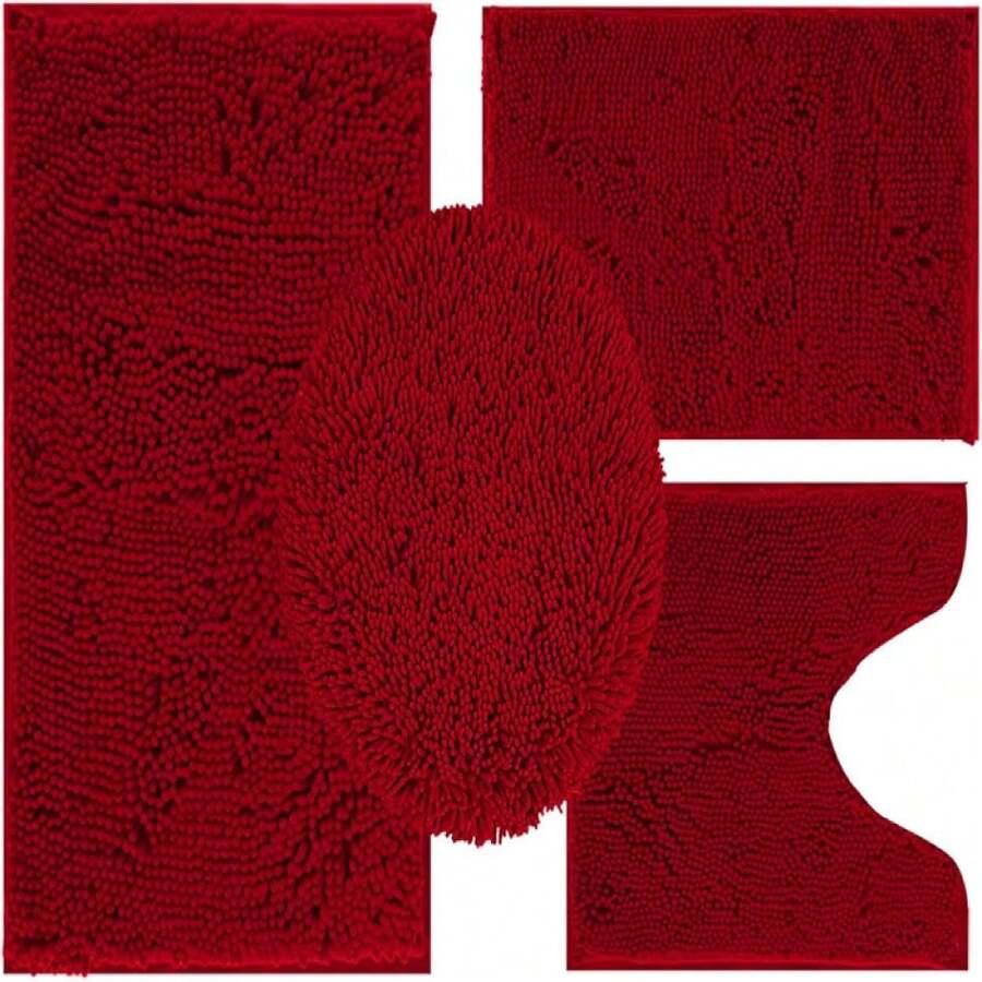 Burgundy Bathroom Rugs Sets 4 Piece With Toilet Lid Cover, Non Slip Bathrooats Extra Soft Chenille Bath Rugs Absorbent Shaggy Rugs Perfect Plusats U-Shaped Toilet Rug Set Home Dration,18821273 - 酒紅色 - 查看 1