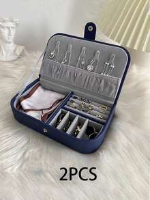 1pc Portable Leather Jewelry Storage Box For Bracelets, Necklaces, Earrings, Rings,Room Decor - Navy Blue - View 12
