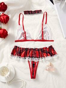 3件套女学生制服角色扮演套装，学院风女生学生装，红色格子，蕾丝拼接，性感内衣套装 - 酒紅色 - 查看 6