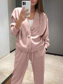 2pcs Women Casual Knit Cardigan Jacket And Drawstring Pants Set - Baby Pink - View 4