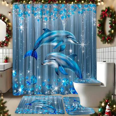 1 pieza Cortina de ducha con estampado de delfín azul soñador y elementos oceánicos, cortina impermeable y decorativa para baño con 12 ganchos, de tela de poliéster impermeable, adecuada para decoración de baño en hotel, apartamento u hogar, gran regalo y decoración navideña