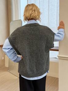 Livesso 1pc V Neck Solid Casual Sweater Vest For Autumn And Winter - Grey - View 6