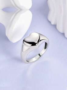 1 Pc Original 925 Sterling Silver Women Finger Rings Heart Shape Minimalist Class Style Plain Circle Ins Elegance Fashion Accessory Jewelry Gifts Fits Daily Party Shopping - Silver - View 1