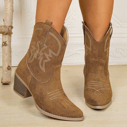 Wide Fit 2025 New Western Cowboy Boots For Women, Short Leg, Pointed Toe, Embroidered, Knight Boots, Chunky Heel, One-Foot Strap, Large Size