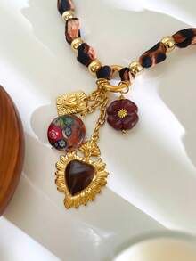 1pc Vintage Design Khaki Leopard Print Scarf, Autumn/Winter; Ceramic, Resin, Enamel & Stainless Steel Multi-Element Pendant Niche Necklace For Women - Brown - View 7