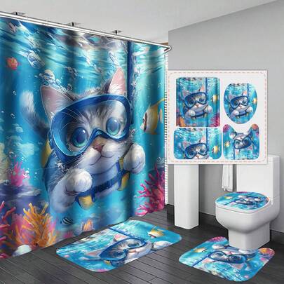 Set Of 4 Cute Ocean Diving Cat Pattern Shower Curtains For Room Home, Bathroom Decoration, Suitable For Romantic Friends And Family, For Friends Who Love Cats, Comes With 12 Auxiliary Hooks