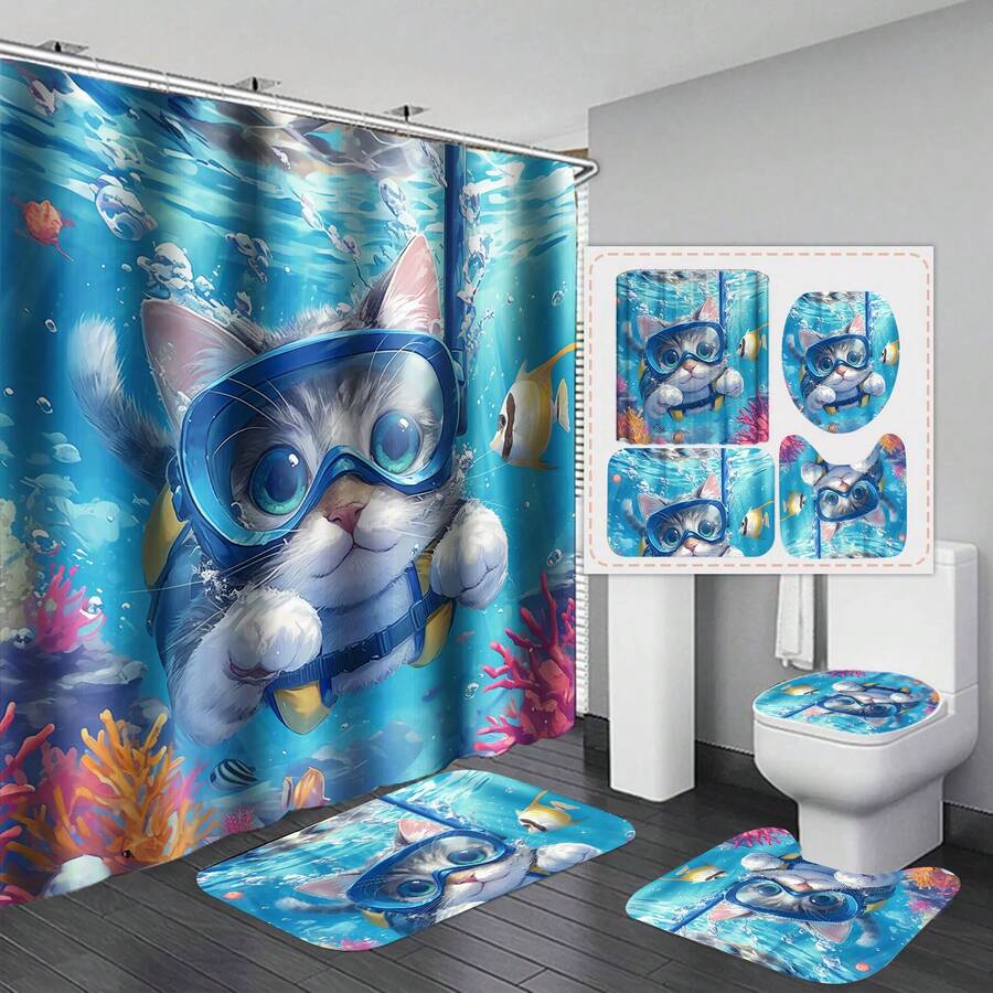 Set Of 4 Cute Ocean Diving Cat Pattern Shower Curtains For Room Home, Bathroom Decoration, Suitable For Romantic Friends And Family, For Friends Who Love Cats, Comes With 12 Auxiliary Hooks