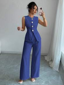 2 件套女士纯色单排扣金属纽扣圆领背心和裤子休闲宽松西装