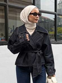 DAZY 女士短款收腰休闲牛仔夹克外套，秋冬季简约时尚 - 深色水洗藍 - 查看 8