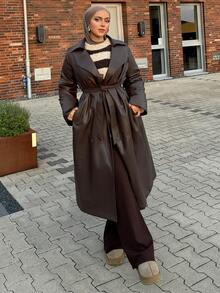 DAZY 新款秋冬宽松休闲优雅加厚PU长款女式常规外套，款式端庄时尚 - 咖啡棕 - 查看 3