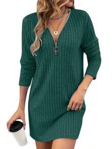 Women's Zipper Half-Placket Long Sleeve Solid Ribbed Casual Short Dress - Green - View 1