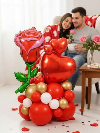 24pcs/Set Valentine's Day Party Decorations, Giant Flower/Rose Foil Balloons, 18"/10"/5" Red Heart Shaped Foil Balloons, 10" Red & Metallic Gold Latex Balloons, Suitable For Proposal, Confession, Anniversary, Wife's Birthday Party Decor