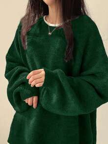 EAVA Fall/Winter Korean Style Minimalist Sweater Round Neck, Elegant Loose Fit Versatile Bell Sleeves Side Slit Pullover Knitwear For Women,Valentine's Day,Valentine Outfits For Women,Valentine Clothes - Green - View 3