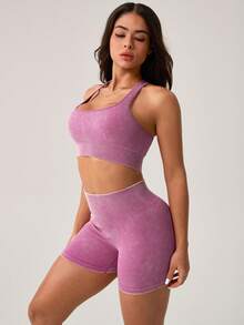 NcmRyu Women's Ribbed Knit Sports Bra & High-Waisted Shorts Set - Stretchy Comfortable Activewear With Ribbed Texture, Ideal For Yoga, Workout, Gym, Running & Outdoor Activities - 粉色 - 查看 4