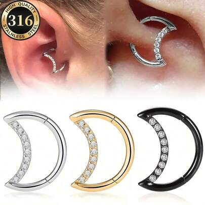 1pc Moon Hoop Earring, Piercing Jewelry, 316 Stainless Steel Medical Grade 16G, Hinged Nose Clip Suitable For Nose Ring, Ear Cartilage Daith/Rook, Earlobe And Helix Jewelry, Unisex