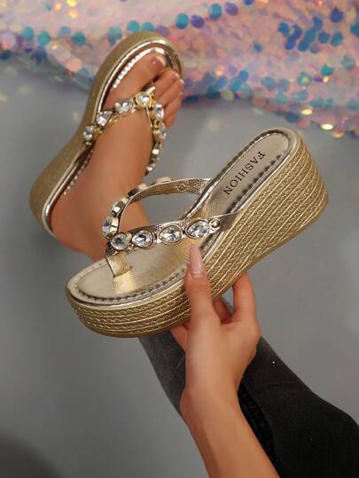 Sandalias de plataforma con cuña, decoración de rhinestones, estilo vacacional, impermeables, para mujer. Sandalias de tacón alto minimalistas de unicolor, ligeras, de PU, color dorado