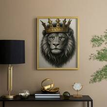 1pc Restickable Framed Lion Of Judah Art Print, Wood Frame, Biblical Inspired Regal Animal Wall Decor With Gold Crown & Scripture Accent, Spiritual Artwork For Living Room, Office, Or Prayer Room, Made In USA, Ready To Hang Art Prints - 金色 - 查看 3