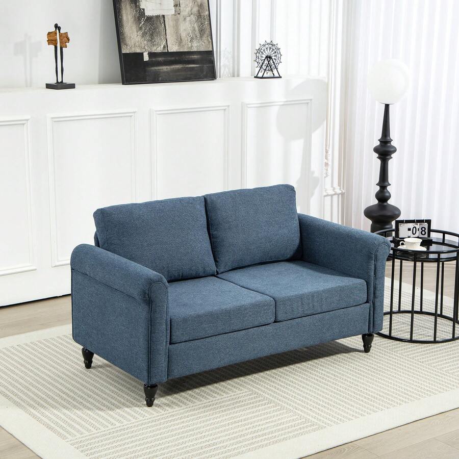 HOMCOM Vintage Loveseat, Upholstered Love Seat Furniture, Chenille-Feel Fabric 2 Seater Sofa Couch With Rolled Arms, Gourd-Shaped Rubber Wood Legs For Living Room, Dark Blue - 藏蓝色 - 查看 1