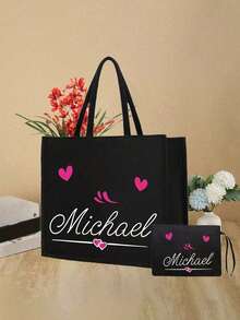2pcs Personalized Name Heart Pattern Tote Bag And Cosmetic Bag Set, Women's Linen Large Capacity Tote Bag, Shopping Bag, Portable Casual Storage Tote Bag, Suitable For Daily Travel, Beach Vacation, Large Capacity Shopping Bag, Women's Tote Bag, Portable, Multifunctional, Versatile, Large Capacity, Lightweight, Practical, Multipurpose, Colorful, Cute, Adorable, Kawaii, Y2K Style, Vacation/Casual, Commuting - Black - View 9
