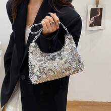 Women Shiny Sequins Handbag Fashion Tote Shoulder Bag For Work Daily Shopping Travel - Silver - View 2