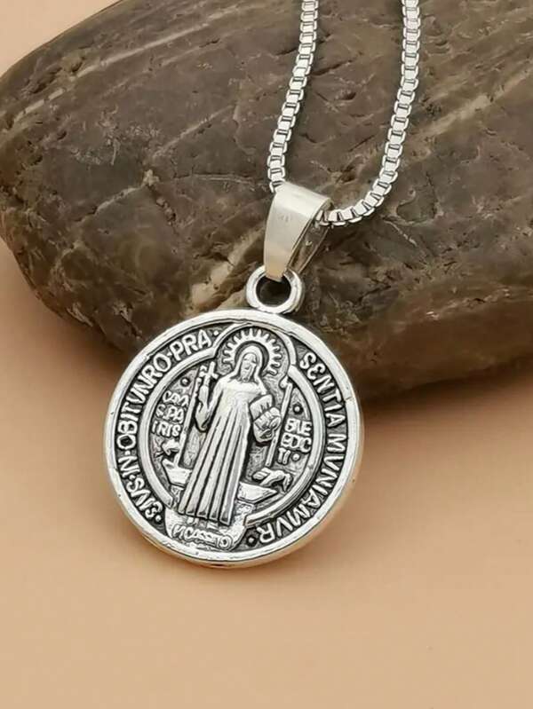 1 pieza Collar con colgante de medalla vintage de San Benito y , plateado en plata, adecuado para uso diario