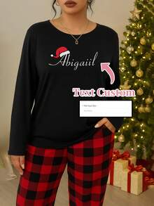 Personalized Christmas Print Name Text Women Long Sleeve Sleepwear Top, Customized Christmas Gift Home Wear - Black - View 1