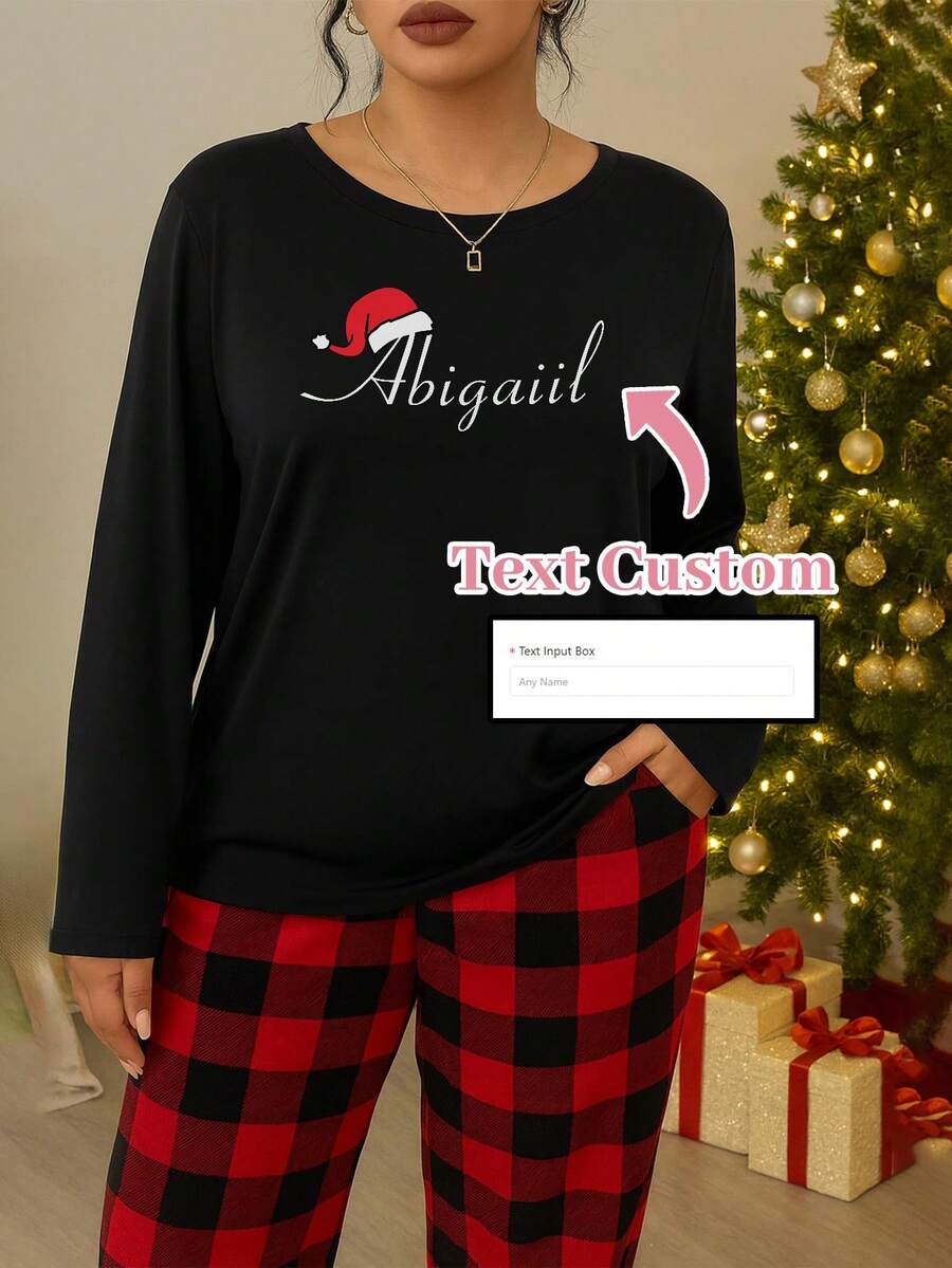Personalized Christmas Print Name Text Women Long Sleeve Sleepwear Top, Customized Christmas Gift Home Wear - Black - View 1