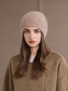 1pc Women's Rabbit Fur Knit Rhinestone Beanie Hat, Autumn/Winter Warm Thick Windproof Ski Cap, Fashionable & Versatile
