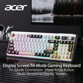Acer OKW 222 Tri-Mode Keyboard With Smart Battery Display, Wired/Bluetooth/2.4G Connections, Compact 90-Key Layout, Soft Keys, Perfect For Office And Gaming, White