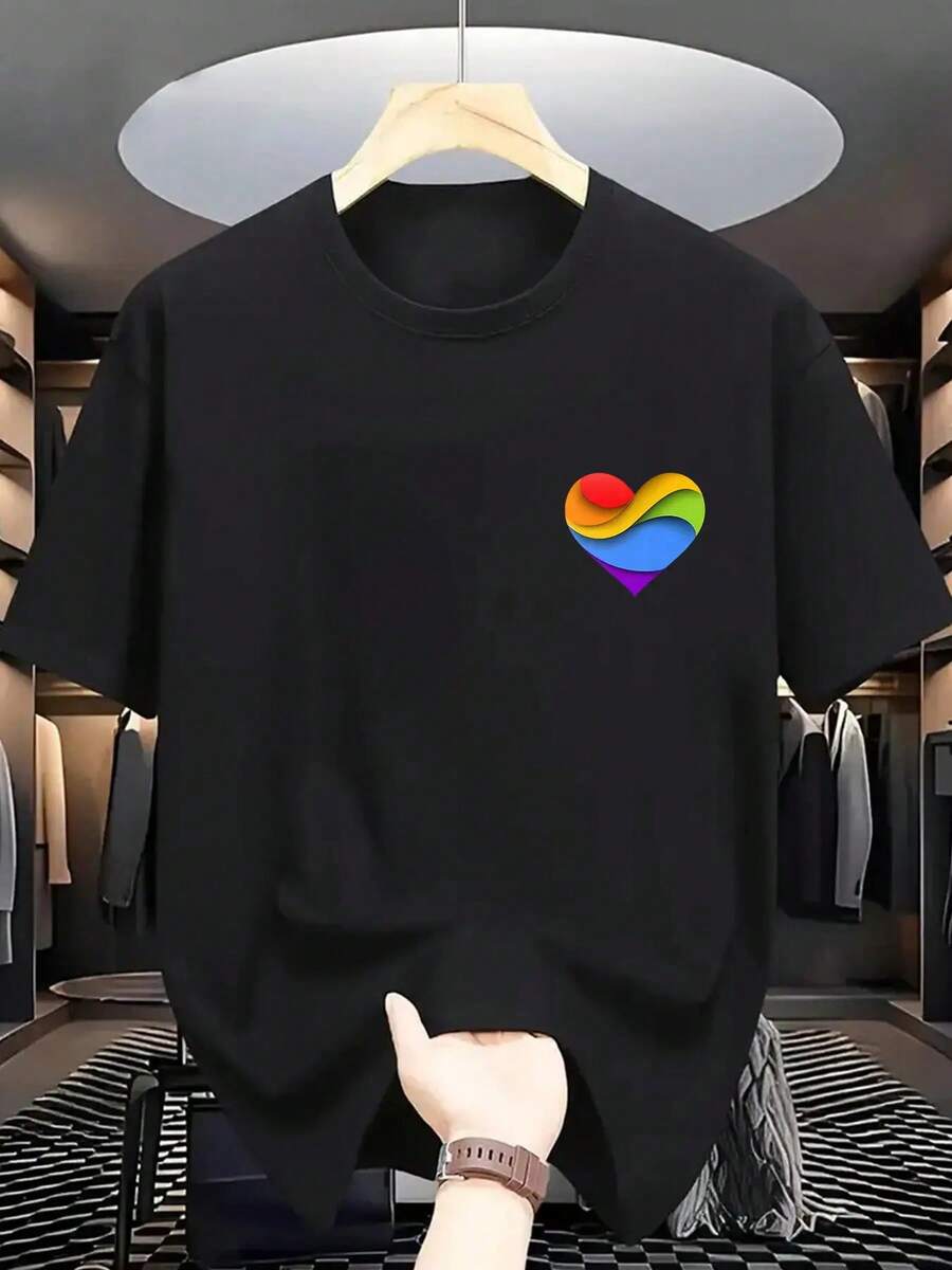 Men's Summer Casual Short Sleeve T-Shirt With Rainbow Heart Graphic Print -100% Pure Cotton,Regular Fit Round Neck Tee, Machine Washable, Nontransparent Fabric - 黑色 - 查看 1