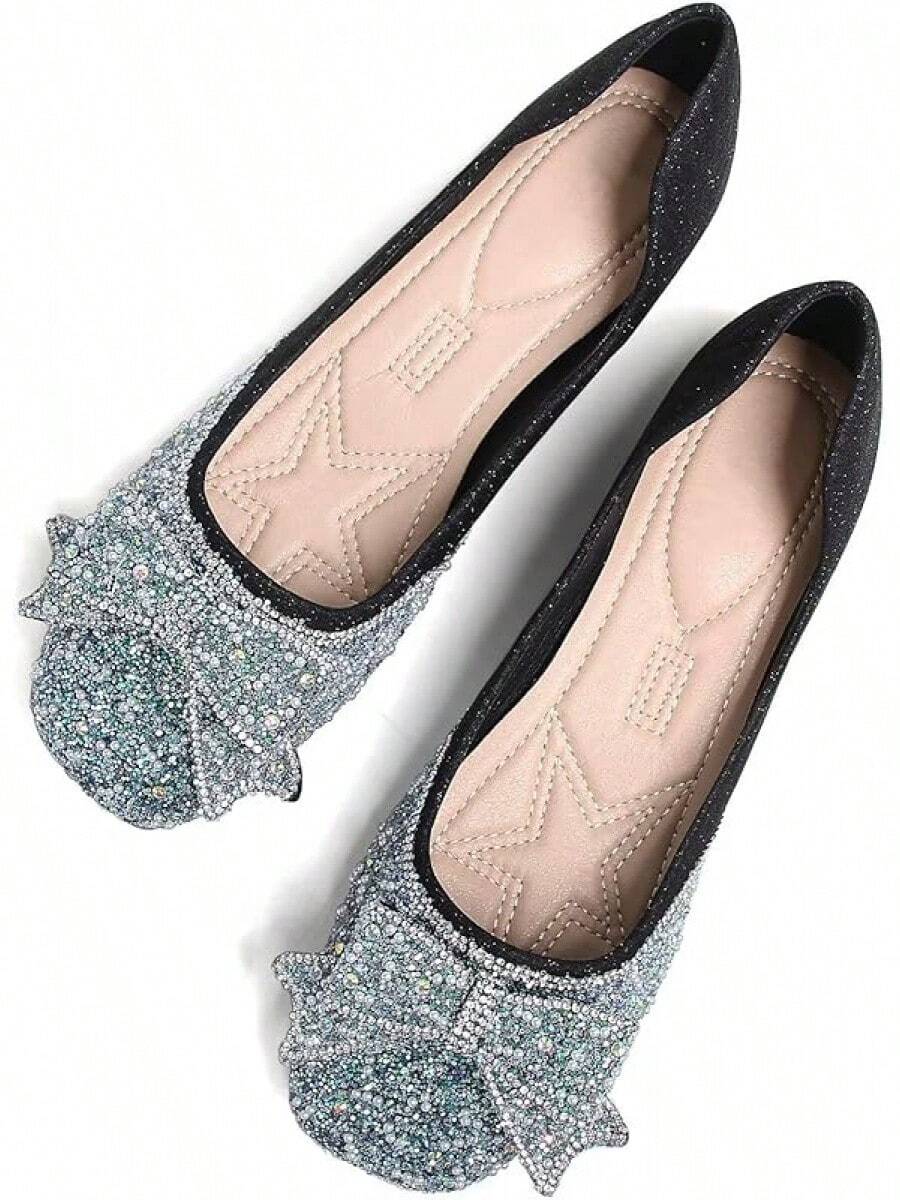 SAILING LU Square Toe Flats Shoes Rhinestoned Bowknots Ballet Flats For Women Studded Dress Shoes Comfort Light Weight LoafersChristmas - H-黑色 - 查看 1