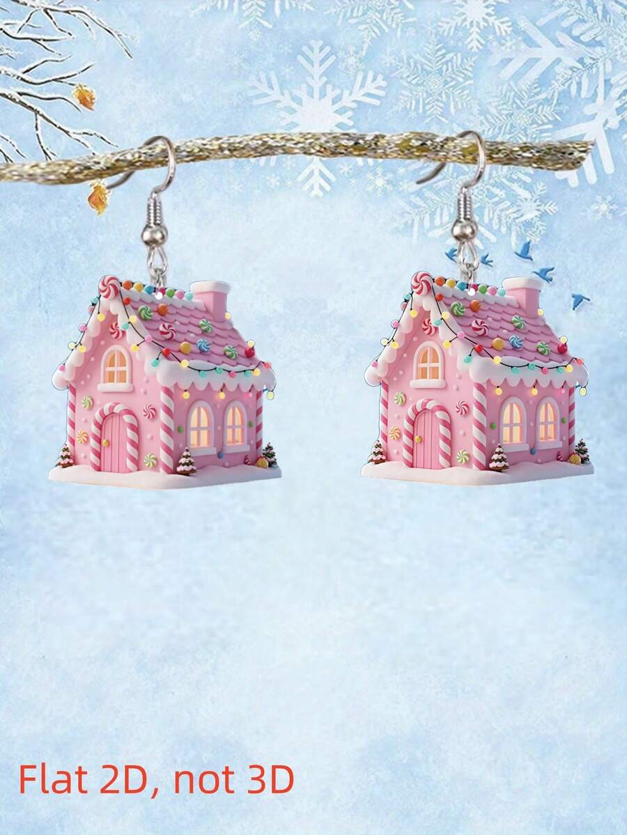 Brincos com pingente de casa de neve rosa 2D, fofos e charmosos, design impresso em acrílico plano frente e verso, modernos e leves, adequados para uso diário e festas femininos, ótimo presente para Halloween, Natal, Dia dos Namorados, Dia das Mães
