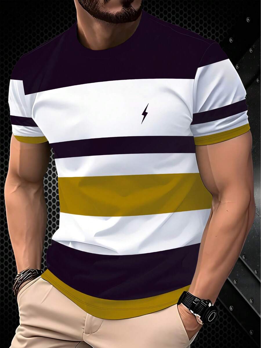 Men's Casual Round Neck 3D Striped Lightning Print T-Shirt, Breathable And Comfortable, Machine Washable. 100% Polyester, Lightweight Breathable Fabric, Suitable For Summer Wear - Multicolor - View 1
