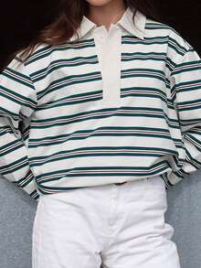 Women Striped Color Block Sweatshirt Lapel Collared Long Sleeve Oversized Rugby Shirt  Fall Clothes - Green - View 3