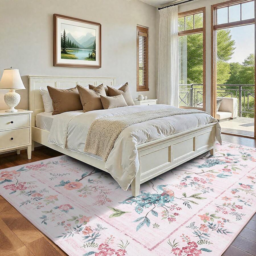 1PCS Room Decor Floral Peacock Modern Washable Low Pile Area Rug For Living Room Bedroom Contemporary Non Slip Large Rug Low Pile Stain Resistant Carpet For Classroom Dining Room Runner For Hallway Kitchen Enterway - 粉色 - 查看 1