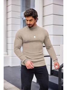Men's Slim Fit Mock Turtleneck Pullover Sweater Casual Basic Knitted Thermal Sweaters - Màu kaki nhạt - Xem 2
