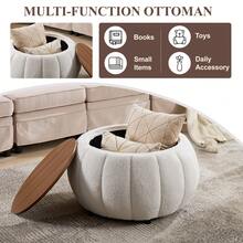 YDCOSYFY 30 Inches Large Round  Ottoman With Storage,Pumpkin Shape Upholstered Ottoman Coffee Table, With Removable Wooden Top, Soft Teddy Fabric Surface, For Living Room, Bedroom - 白色 - 查看 5