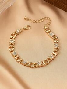 Set de collar y pulsera con cadena de metal con diamante en forma de corazón, elegante y de moda, adecuado para uso diario de mujeres y como regalo - Amarillo Oro - Ver 6