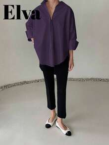 复古奢华风长袖宽松衬衫，适合女性办公室穿着，包括工作上衣、秋季、返校季正装、男友风教师装、商务休闲装、冬季、新年和夏季上衣。情人节春季也适用。 - 紫色 - 查看 11