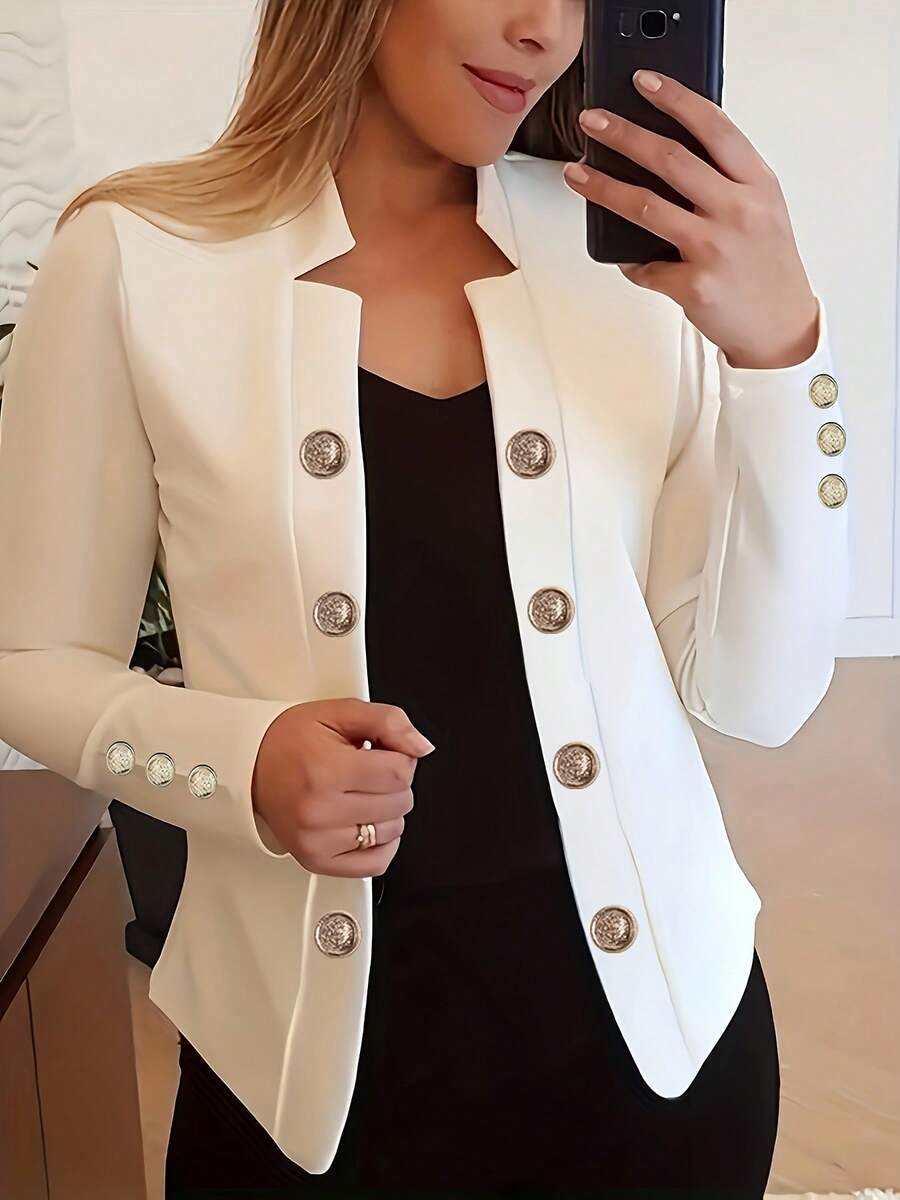Women's Elegant Solid Double Breasted Jacket - Fashionable Long Sleeve Outerwear, All Season, No Tie Decorative Buttons, Great For Casual Or Office Wear, Local Warehouse Direct - White - View 1