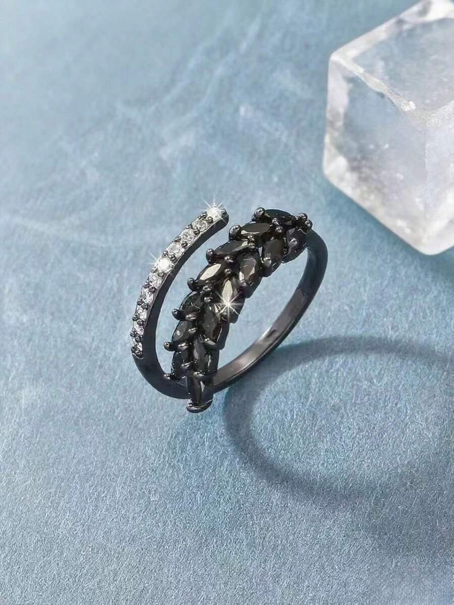 1 chiếc nhẫn hở hai hàng Zirconia, thích hợp để đeo hàng ngày - Đen + zircon đen - Xem 1