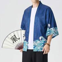 Mens Kimono Robe Jacket 3/4 Sleeve Open Front Japanese Shirt Bathrobe Lightweight Coathalloween - Màu-q - Xem 2