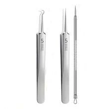 3 قطع مجموعة أدوات إزالة الرؤوس السوداء والبثور من الفولاذ المقاوم للصدأ - أدوات استخراج الحب الشعري والبثور للوجه والأنف، مناسبة للبشرة العادية - طقم العناية بالبشرة الاحترافي للبثور البيضاء والحبوب